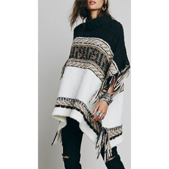 Free People Sweaters - Free People Womens Knit Poncho Sweaters Size XS Brown Tan Mexican Blanket Boho